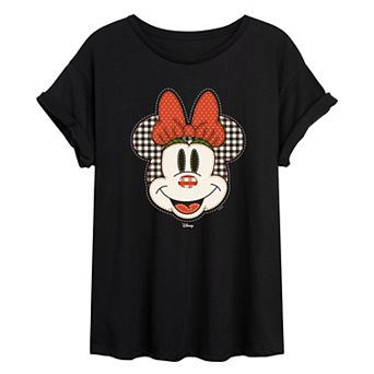 Juniors' Disney's Minnie Mouse Plaid Patch Oversized Tee