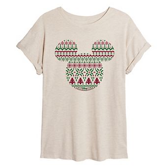 Juniors' Disney's Mickey Mouse Fair Isle Oversized Tee