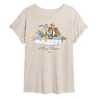 Juniors' Disney's Winnie The Pooh & Tigger Merry Christmas Oversized Tee