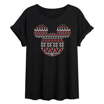 Juniors' Disney's Mickey Mouse Fair Isle Oversized Tee
