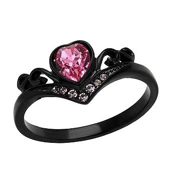 Alamode Black Ion Plating Crystal Crown Heart Ring