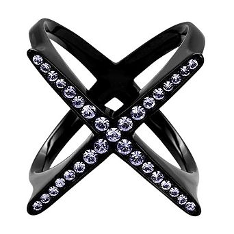 Alamode Black Ion Plating Crystal Criss-Cross Ring