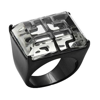 Alamode Black Ion Plating Brass Synthetic Stone Abstract Rectangular Ring