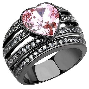 Alamode Black Ion Plating Crystal Banded Heart Ring