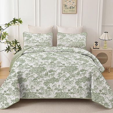 Three-Piece Bedspread Set, Plant Pattern, Microfiber, Lightweight