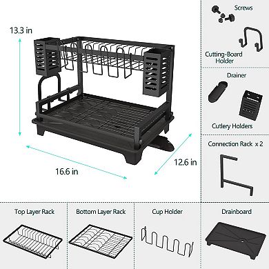 2-Tier Dish Drying Rack with Automatic Drainage & Storage