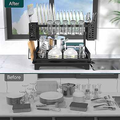 2-Tier Dish Drying Rack with Automatic Drainage & Storage