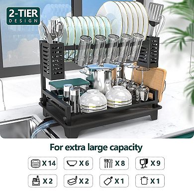 2-Tier Dish Drying Rack with Automatic Drainage & Storage