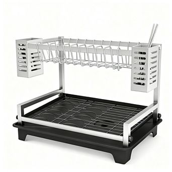 2 tier Dish Drying Rack with Automatic Drainage & Storage