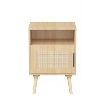 Rattan Nightstand with Door and Open Shelf, Wood Side Table