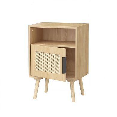 Rattan Nightstand with Door and Open Shelf, Wood Side Table