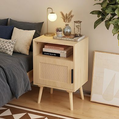 Rattan Nightstand with Door and Open Shelf, Wood Side Table