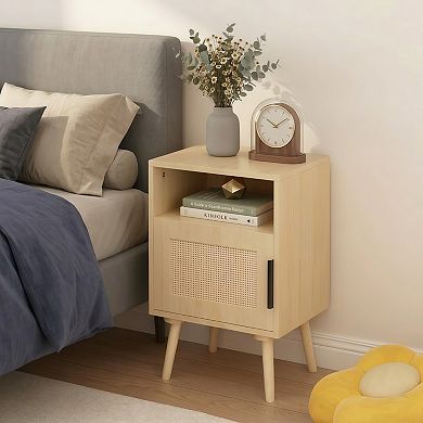 Rattan Nightstand with Door and Open Shelf, Wood Side Table