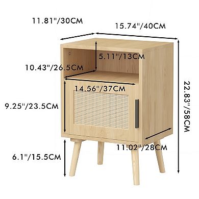 Rattan Nightstand with Door and Open Shelf, Wood Side Table
