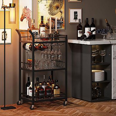 3-Tier Mirrored Glass Bar Cart with Wheels for Home Use
