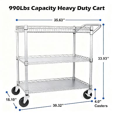 990Lbs Capacity Anti-Rust Rolling Utility Cart with Silent Casters for Kitchens & Offices