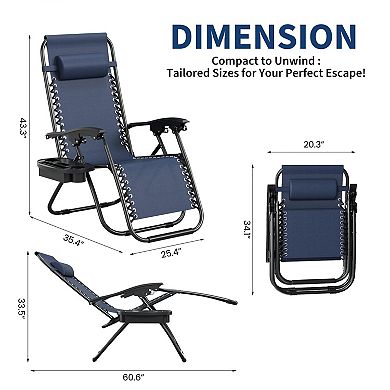 2 Pack Chair. Adjustable Outdoor Reclining Lounge Chair with Pillow and Cup Holder Tray