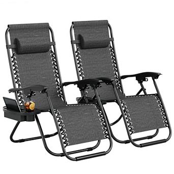 2 Pack Chair. Adjustable Outdoor Reclining Lounge Chair with Pillow and Cup Holder Tray