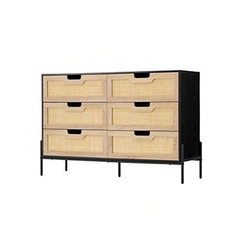 6 Drawers Dresser For Bedroom Natural Rattan Drawer With Spacious Storage Wood Chest Of Drawers
