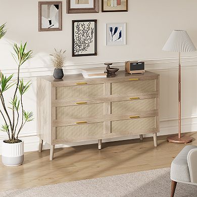 6-Drawer Rattan Dresser Mid - Wooden Material - Space Saving for Bedroom - Durable Construction