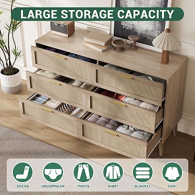 6-Drawer Rattan Dresser Mid - Wooden Material - Space Saving for Bedroom - Durable Construction