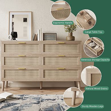 6-Drawer Rattan Dresser Mid - Wooden Material - Space Saving for Bedroom - Durable Construction