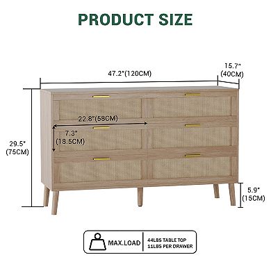 6-Drawer Rattan Dresser Mid - Wooden Material - Space Saving for Bedroom - Durable Construction