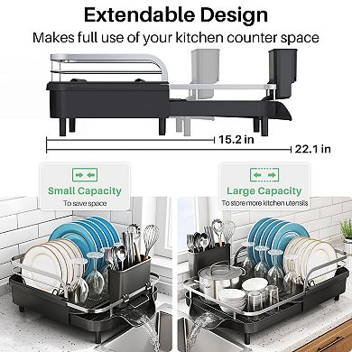 Dish Drying Rack Expandable For Kitchen Counter Drainer With Drainboard Set And Utensil Holder
