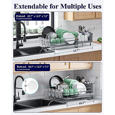 Extendable Dish Drying Rack with Cutlery Cup Holder Drainboard Stainless Steel