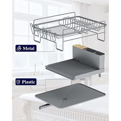 Extendable Dish Drying Rack with Cutlery Cup Holder Drainboard Stainless Steel