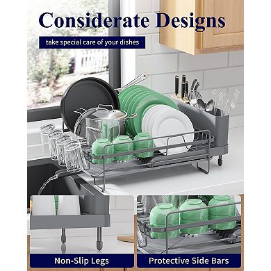 Extendable Dish Drying Rack with Cutlery Cup Holder Drainboard Stainless Steel