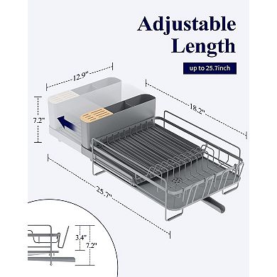 Extendable Dish Drying Rack with Cutlery Cup Holder Drainboard Stainless Steel