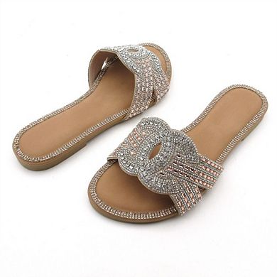 HONEY-139 Rhinestone Cat Face Fringe Slide Sandals Slippers