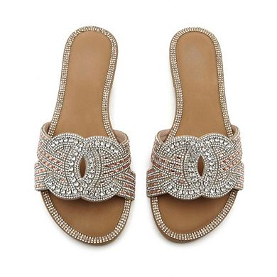 HONEY-139 Rhinestone Cat Face Fringe Slide Sandals Slippers