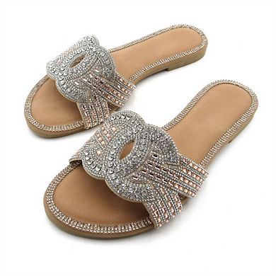 HONEY-139 Rhinestone Cat Face Fringe Slide Sandals Slippers
