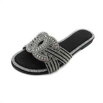 HONEY-139 Rhinestone Cat Face Fringe Slide Sandals Slippers