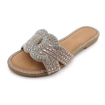 HONEY-139 Rhinestone Cat Face Fringe Slide Sandals Slippers