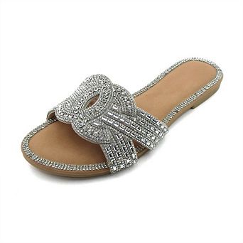 HONEY-139 Rhinestone Cat Face Fringe Slide Sandals Slippers