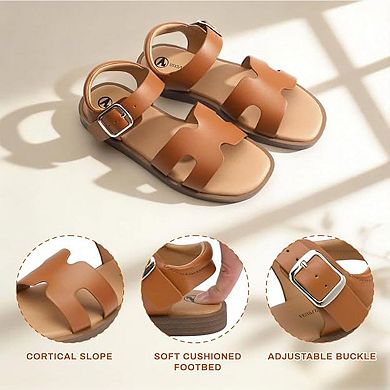 Girls Sandals Open Toe Cute Flats Dress Sandals with Adjustable Buckle