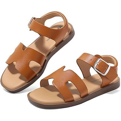 Girls Sandals Open Toe Cute Flats Dress Sandals with Adjustable Buckle
