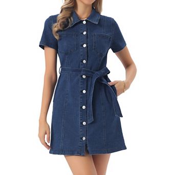 Denim Dress for Women Button Down Short Sleeve Belted Casual Jean Shirt Dresses
