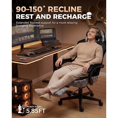 CloudRest Pro Leopard Print Gaming Chair with Footrest & Lumbar Pillow