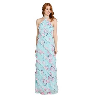 Juniors' Morgan and Co Floral Chiffon Halter Tiered Ruffle Maxi Dress