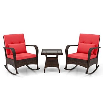 Costway 3 pc Rocking Bistro Set with Removable Cushions & Tempered Glass Top Coffee Table