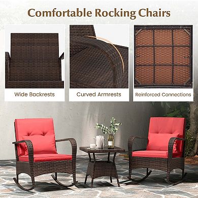 Costway 3 PCS Rocking Bistro Set with Removable Cushions & Tempered Glass Top Coffee Table