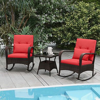 Costway 3 PCS Rocking Bistro Set with Removable Cushions & Tempered Glass Top Coffee Table