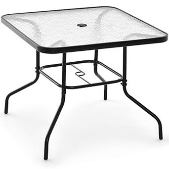 Costway 34 Inch Outdoor Dining Table Square Tempered Glass Table with 1.5" Umbrella Hole