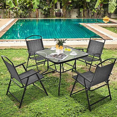 Costway 34 Inch Outdoor Dining Table Square Tempered Glass Table with 1.5" Umbrella Hole
