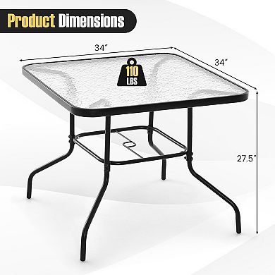 Costway 34 Inch Outdoor Dining Table Square Tempered Glass Table with 1.5" Umbrella Hole