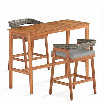 Costway 3 pc Patio Counter Height Bar Set with 2 Cushioned Barstools Curved Rattan Back